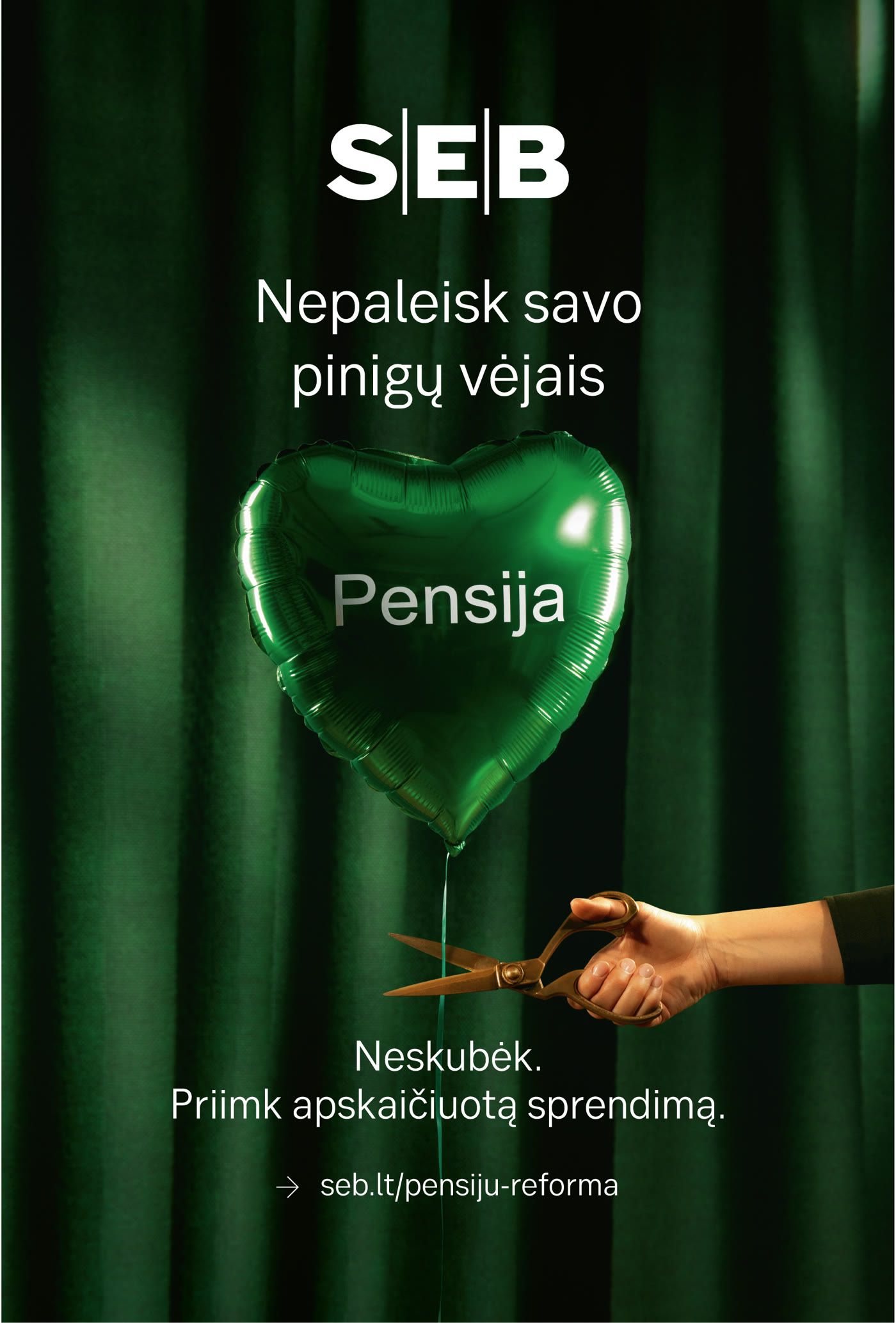SEB Pension billboard — heart balloon and scissors (LT)