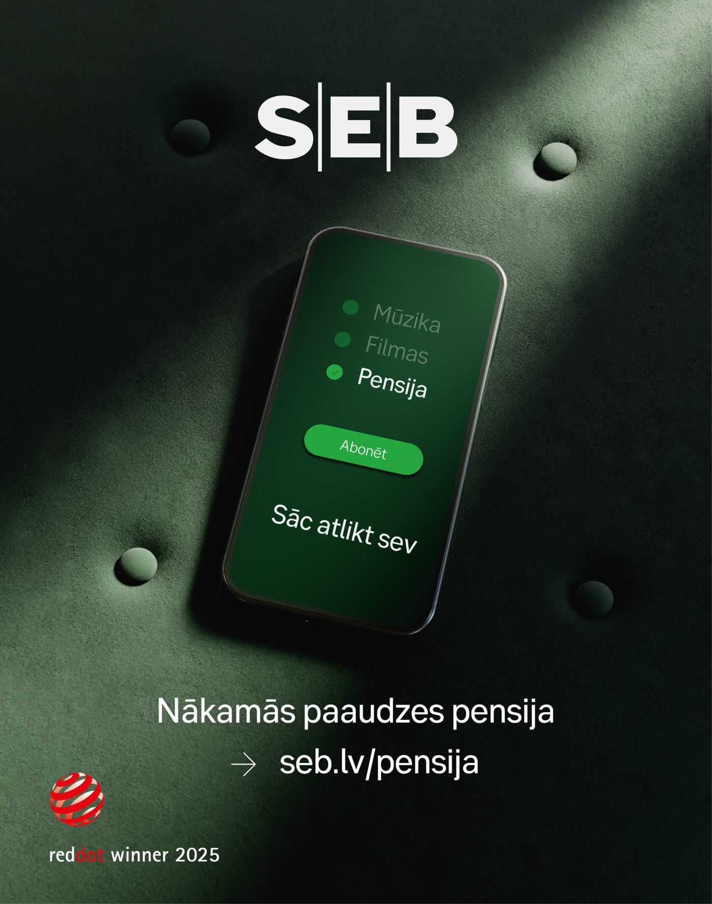 SEB Pension billboard — phone subscription screen (LV), Red Dot winner 2025