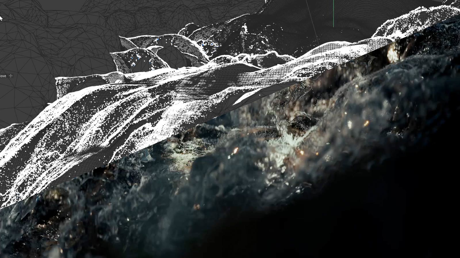 Making of — water simulation final vs. wireframe